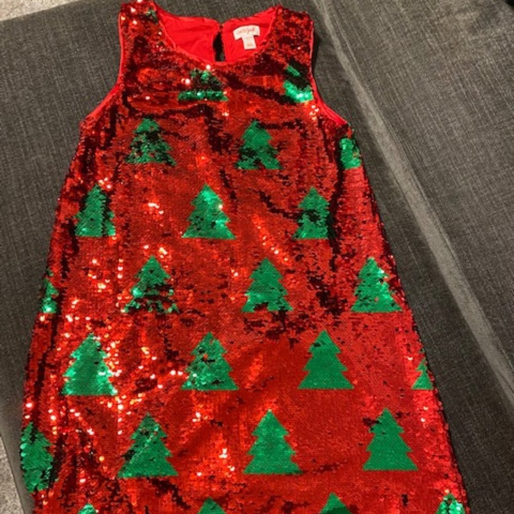 Girls 10-12 Glittery Red Christmas Tree Dress + Cardigan